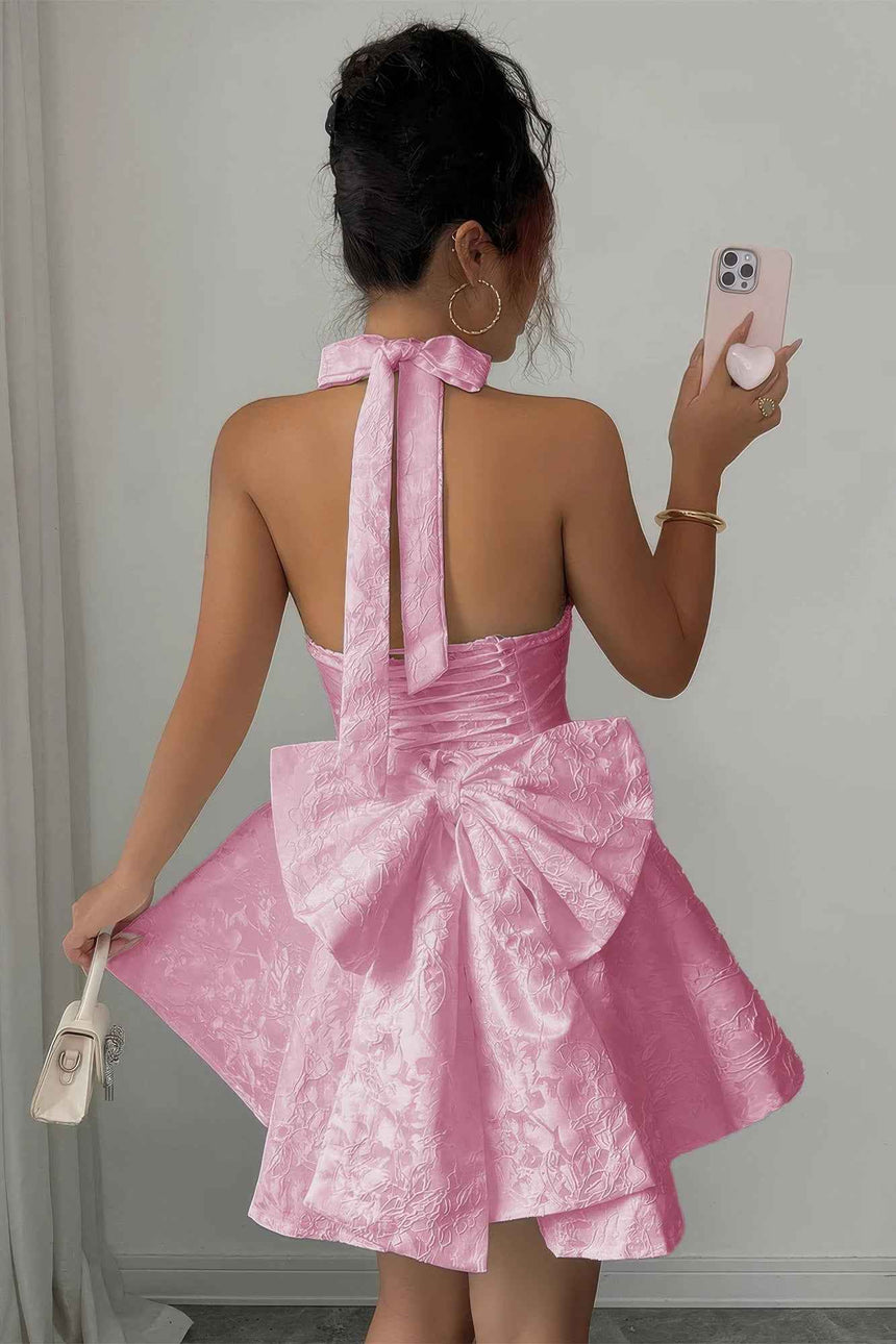Halter V Neck Back Cross Knot Embroidery Dress