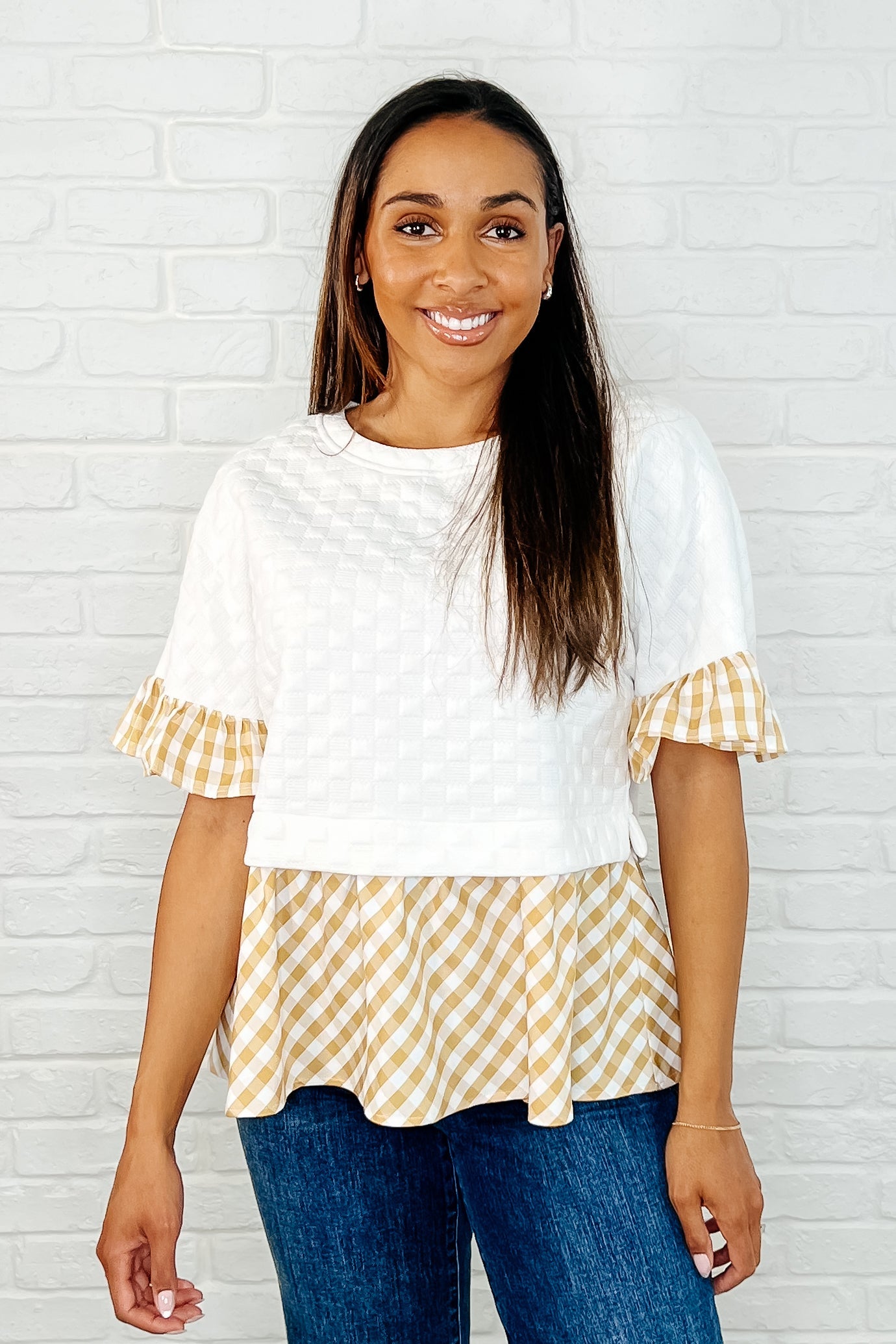 Welcome Me Home Gingham Print Top