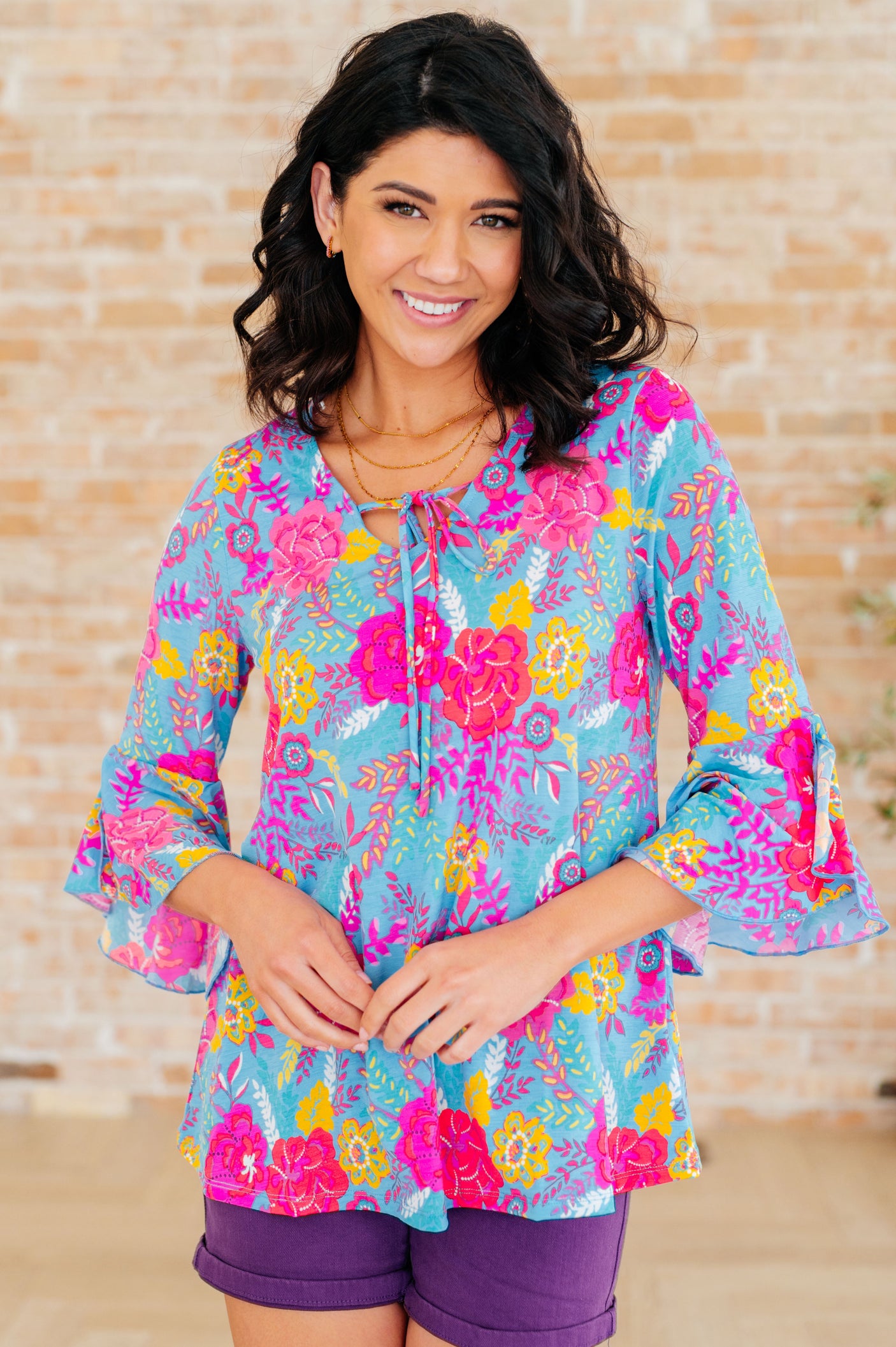 Willow Bell Sleeve Top in Bright Blue Floral - Liarian Unlimited Boutique