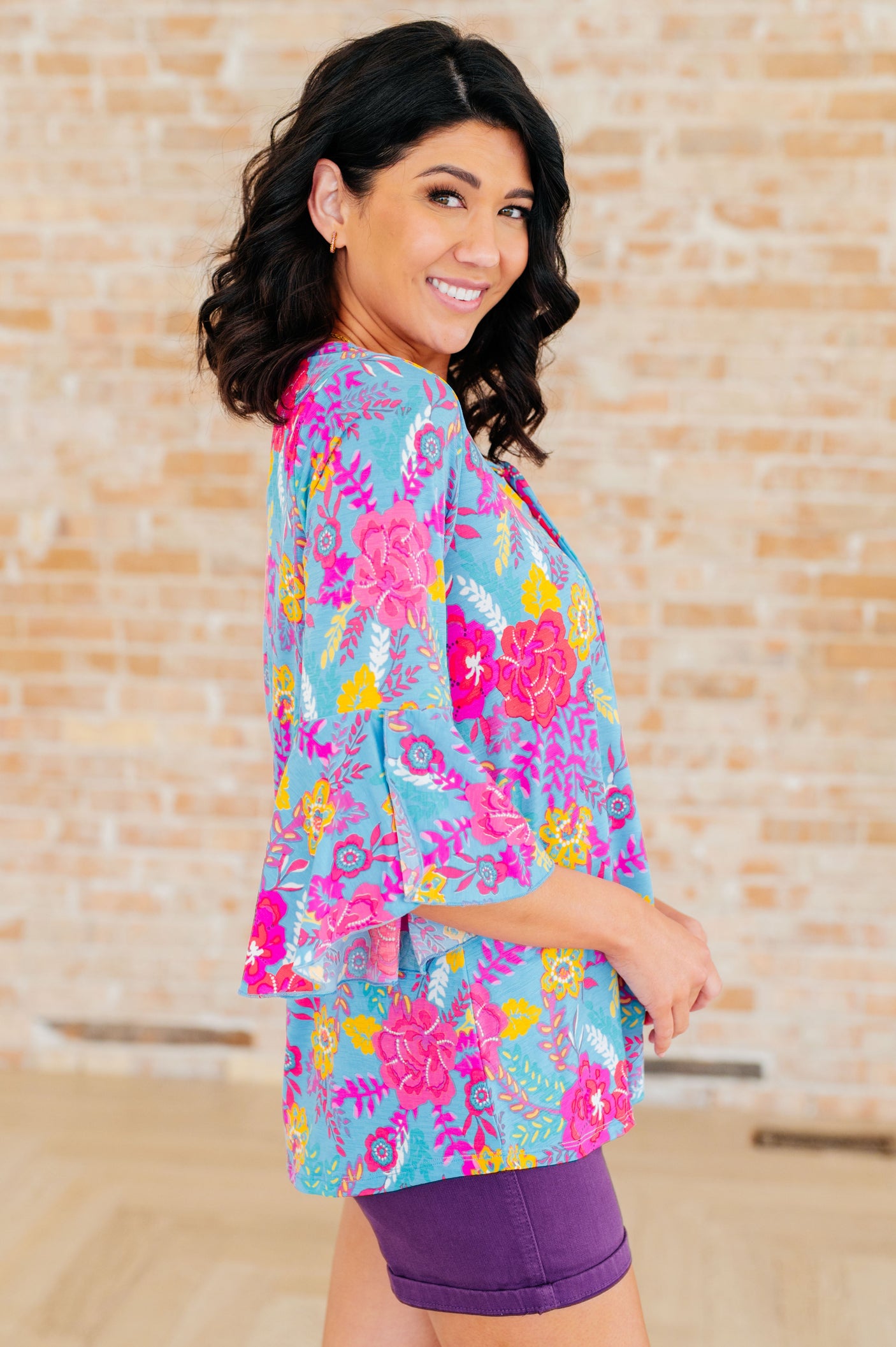 Willow Bell Sleeve Top in Bright Blue Floral - Liarian Unlimited Boutique