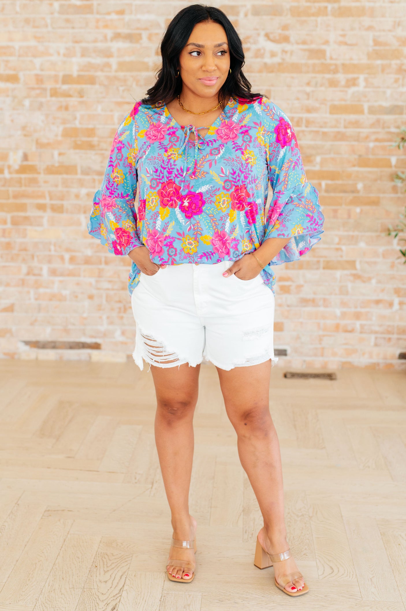 Willow Bell Sleeve Top in Bright Blue Floral - Liarian Unlimited Boutique