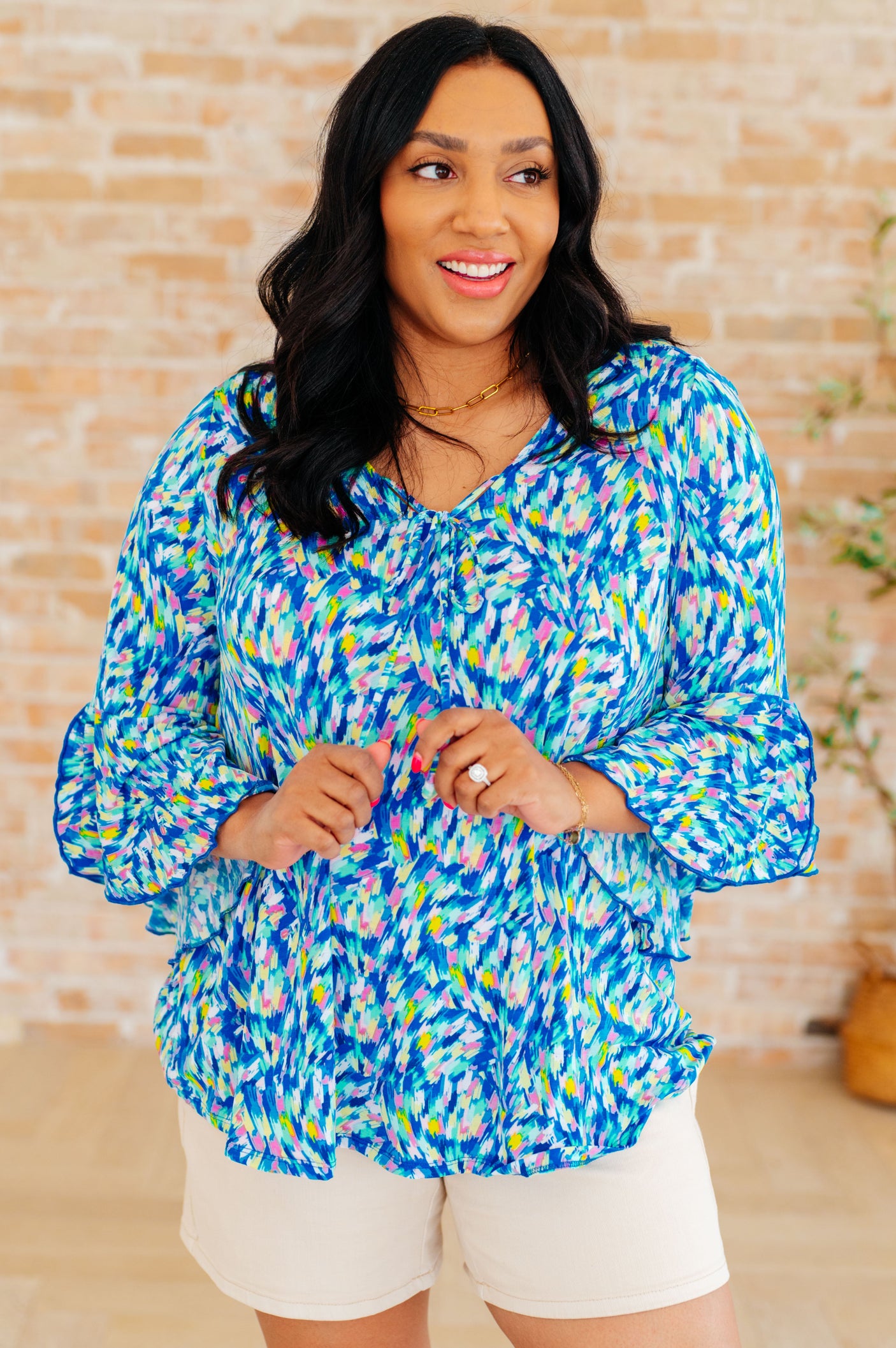 Willow Bell Sleeve Top in Royal Brushed Multi - Liarian Unlimited Boutique