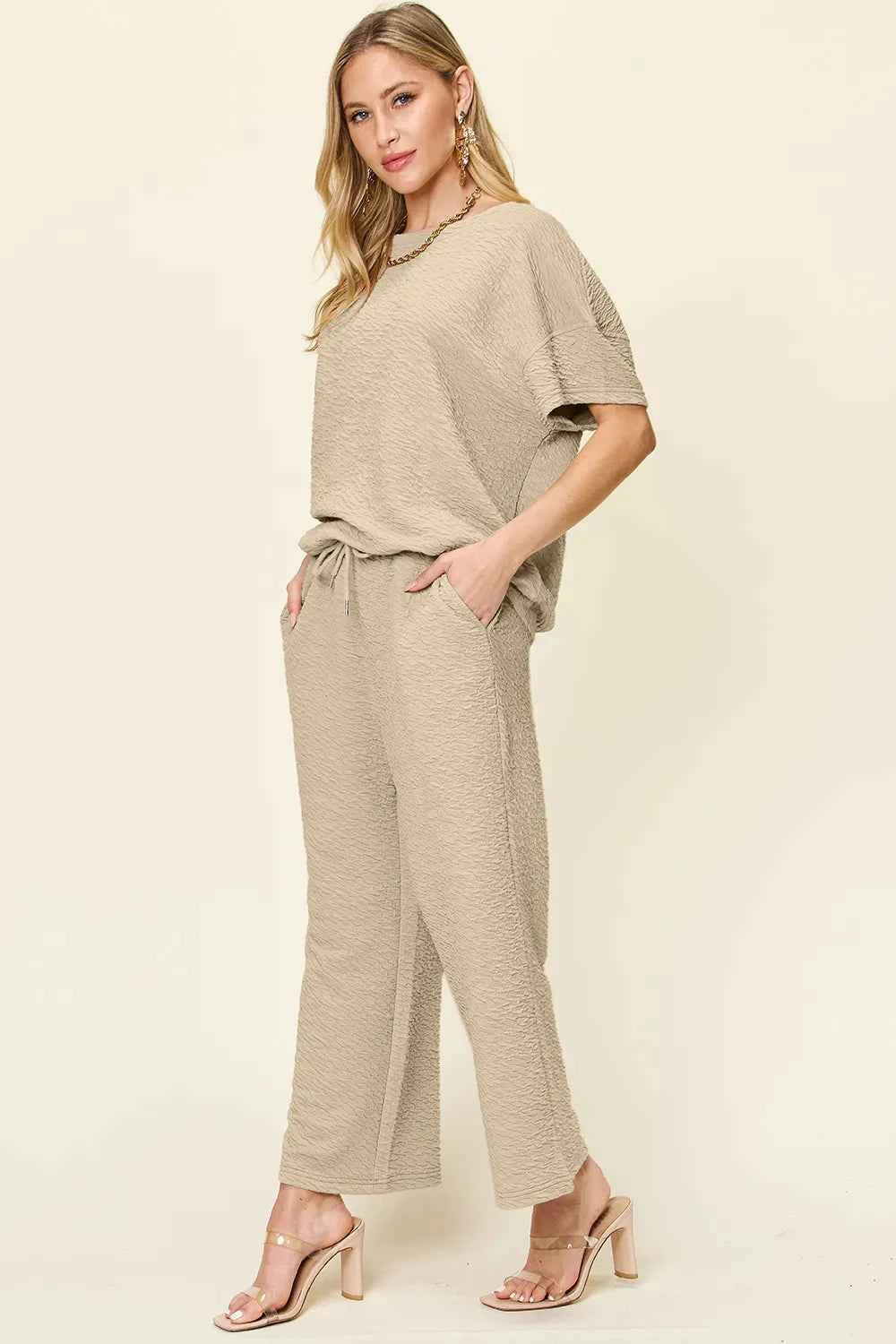 Double Take Full Size Texture Short Sleeve Top and Pants Set