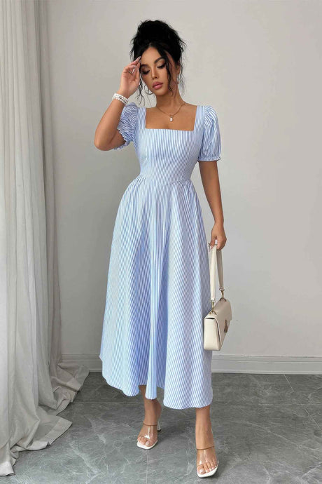 Sky blue striped puff sleeve dress from Liarian Unlimited Boutique