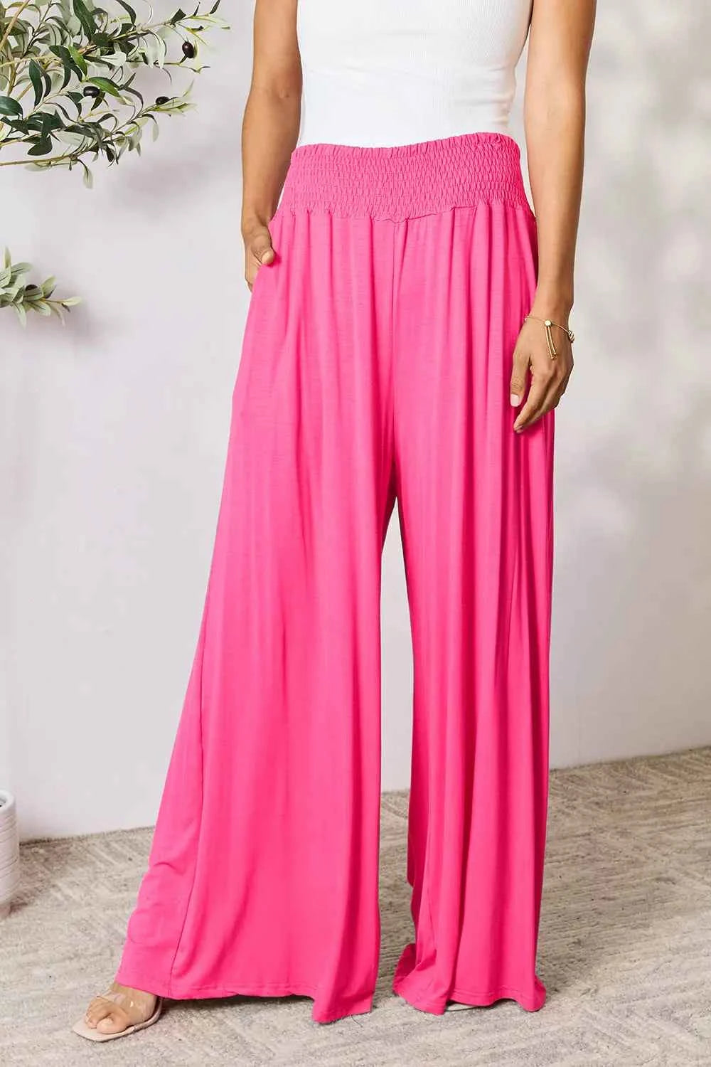 Basic Bae Full Size Smocked Wide Waistband Wide Leg Pants