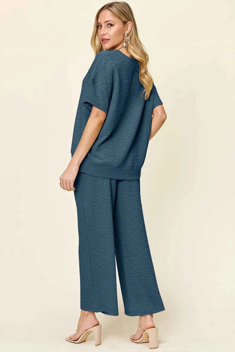 Double Take Full Size Texture Short Sleeve Top and Pants Set