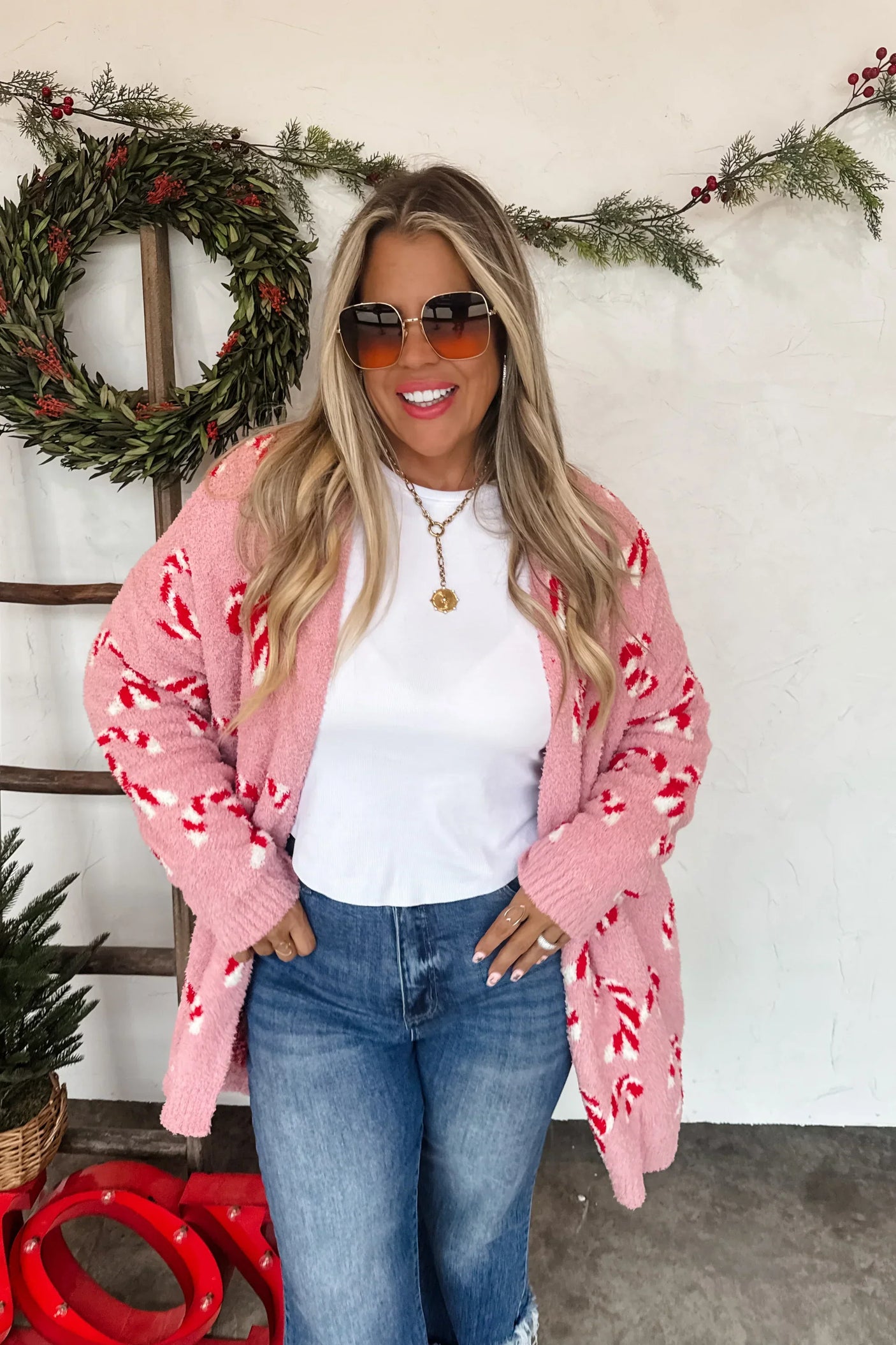 RESERVA: Cárdigan de nube navideña con bastón de caramelo