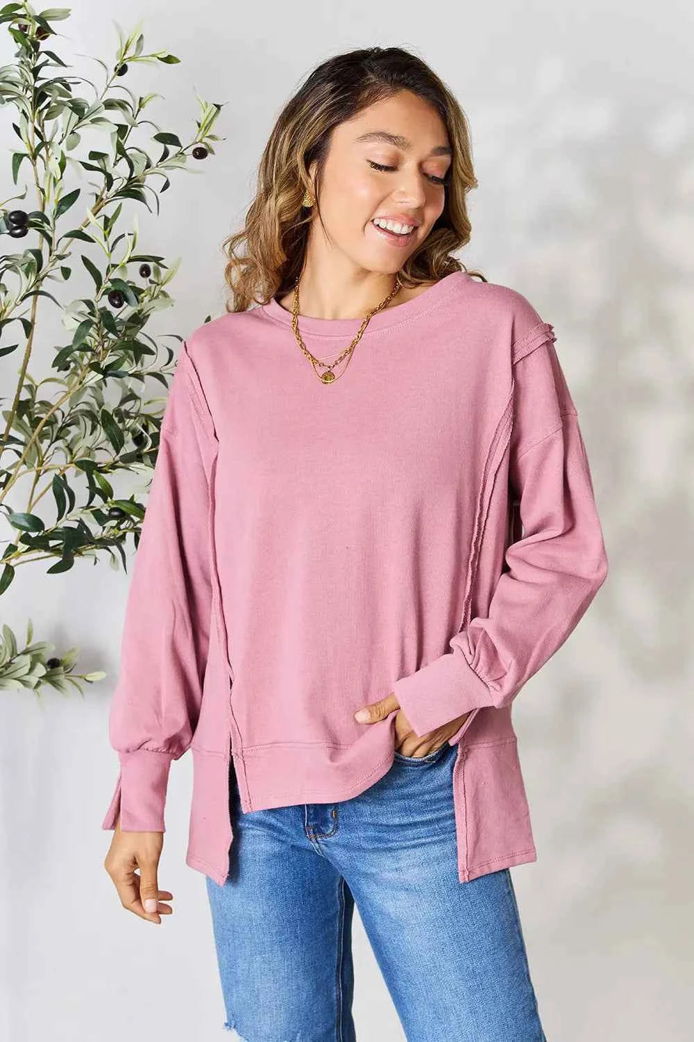 Culture Code Full Size Round Neck Exposed Seam Slit Top