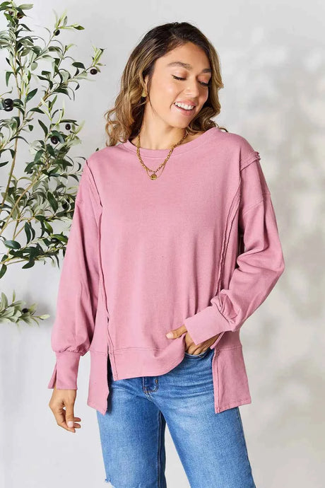 Culture Code Full Size Round Neck Exposed Seam Slit Top