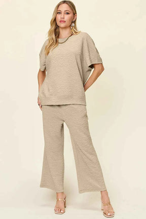 Double Take Full Size Texture Short Sleeve Top and Pants Set