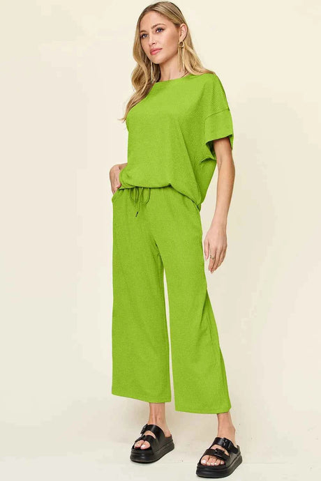 Double Take Full Size Texture Round Neck Short Sleeve T-Shirt and Wide Leg Pants