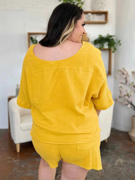 Double Take Texture Half Sleeve T-Shirt and Drawstring Shorts Set