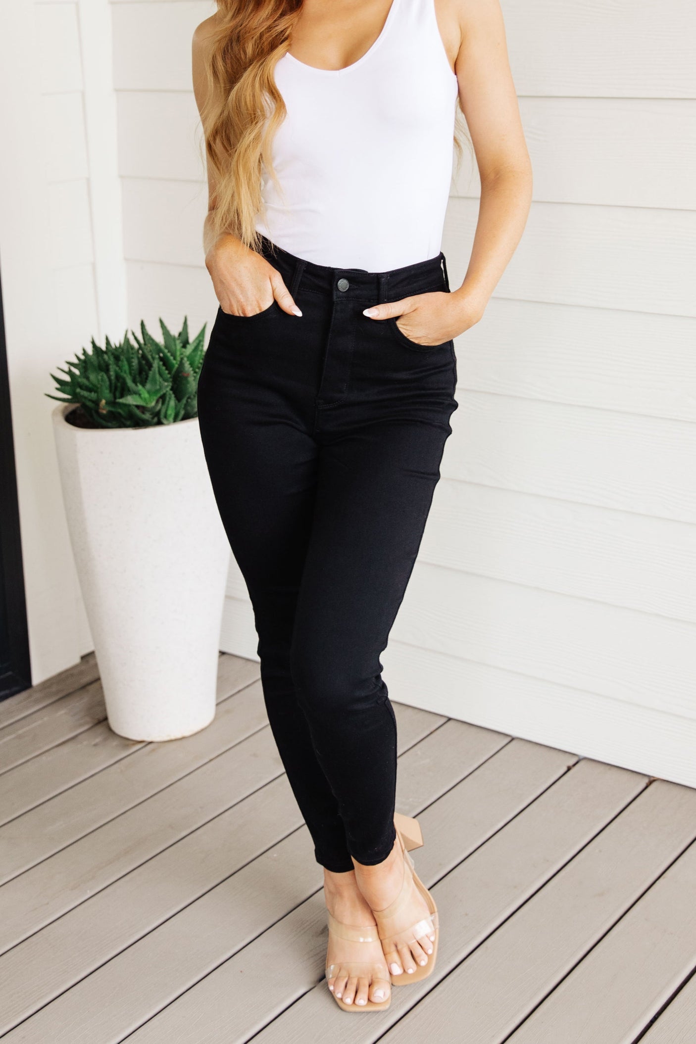 Audrey High Rise Control Top Classic Skinny Jeans in Black - Liarian Unlimited Boutique