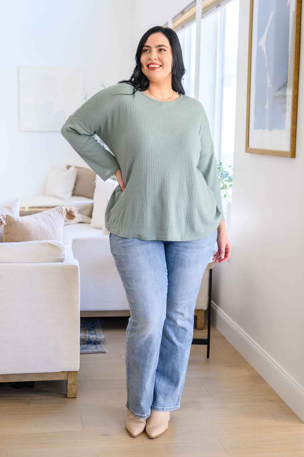 Austin Waffle Knit Basic Top In Sage - Liarian Unlimited Boutique