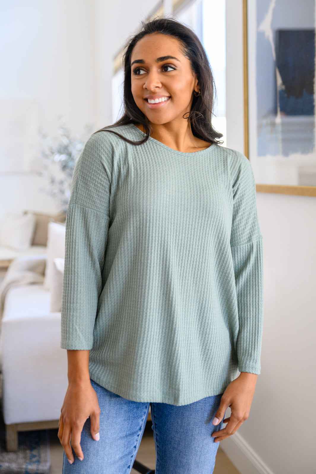 Austin Waffle Knit Basic Top In Sage - Liarian Unlimited Boutique
