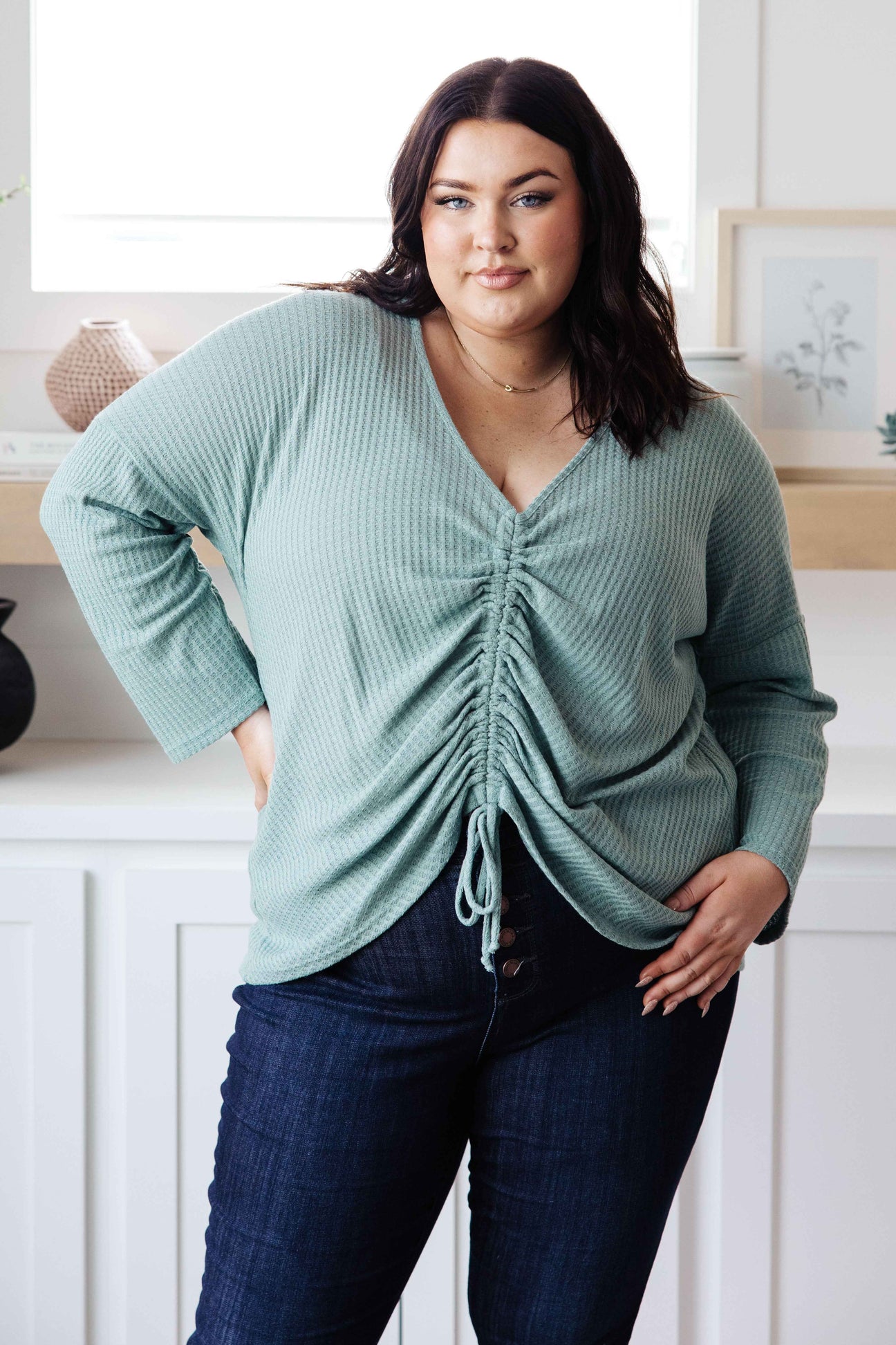 Austin Waffle Knit Basic Top In Sage - Liarian Unlimited Boutique