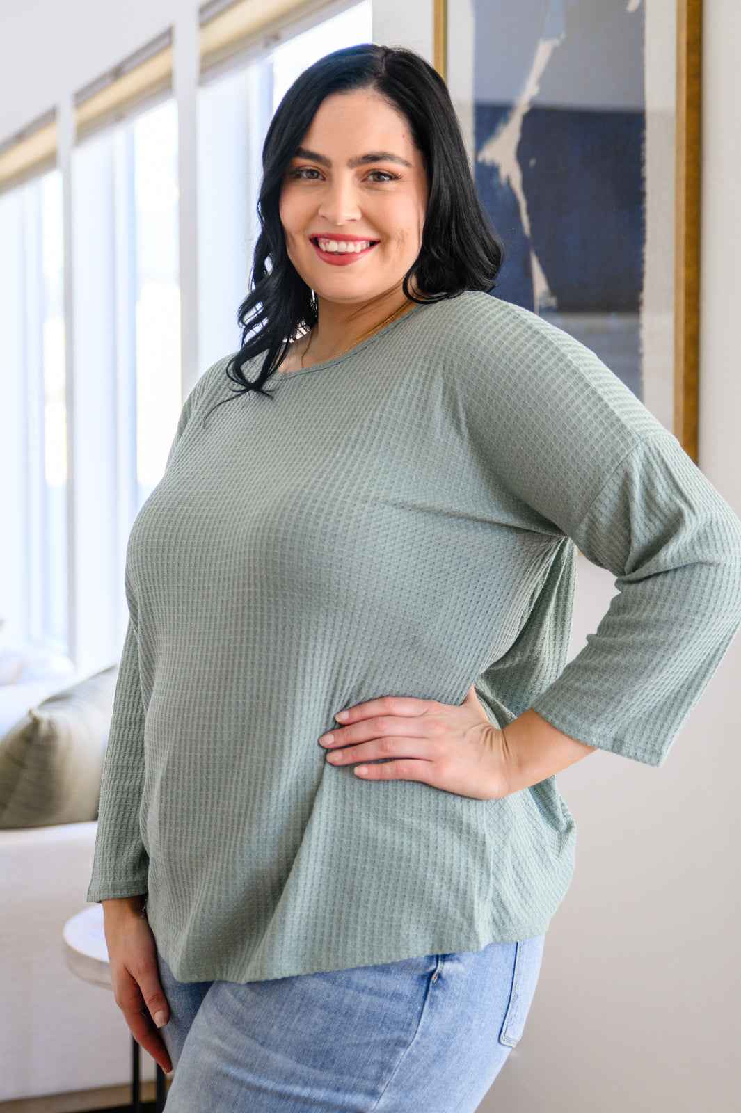 Austin Waffle Knit Basic Top In Sage - Liarian Unlimited Boutique