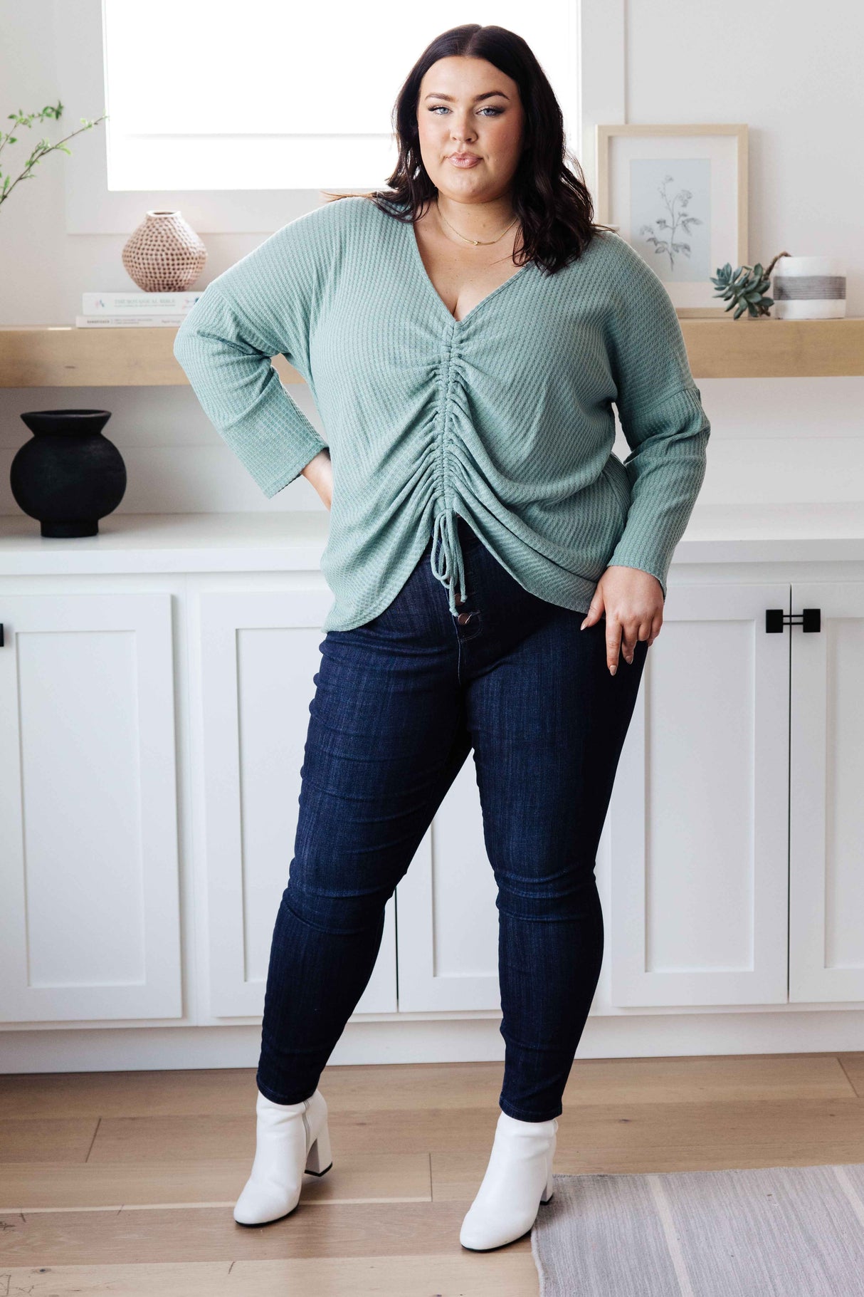 Austin Waffle Knit Basic Top In Sage - Liarian Unlimited Boutique