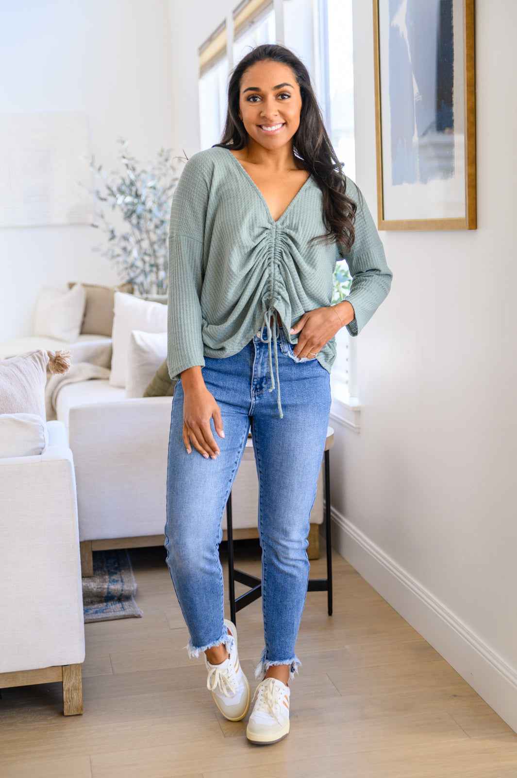 Austin Waffle Knit Basic Top In Sage - Liarian Unlimited Boutique