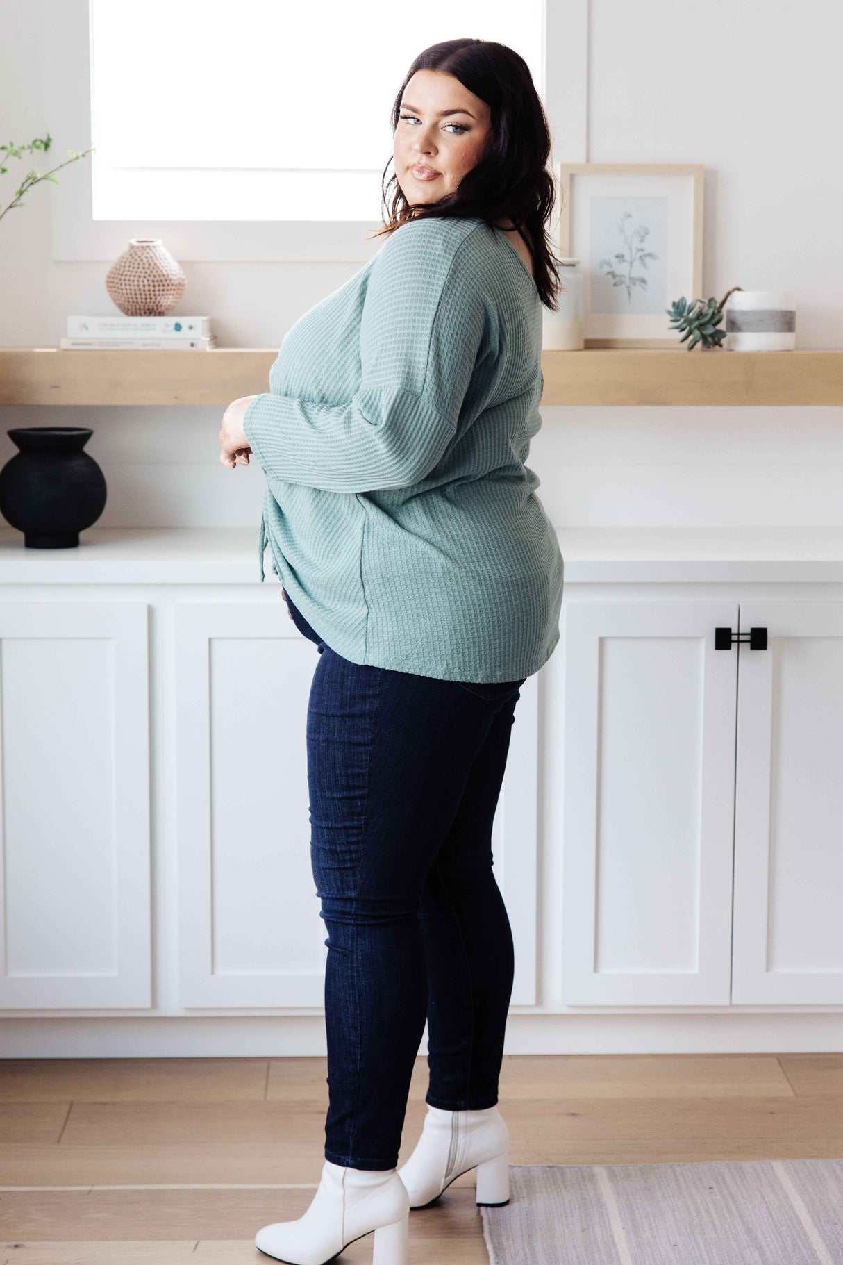 Austin Waffle Knit Basic Top In Sage - Liarian Unlimited Boutique