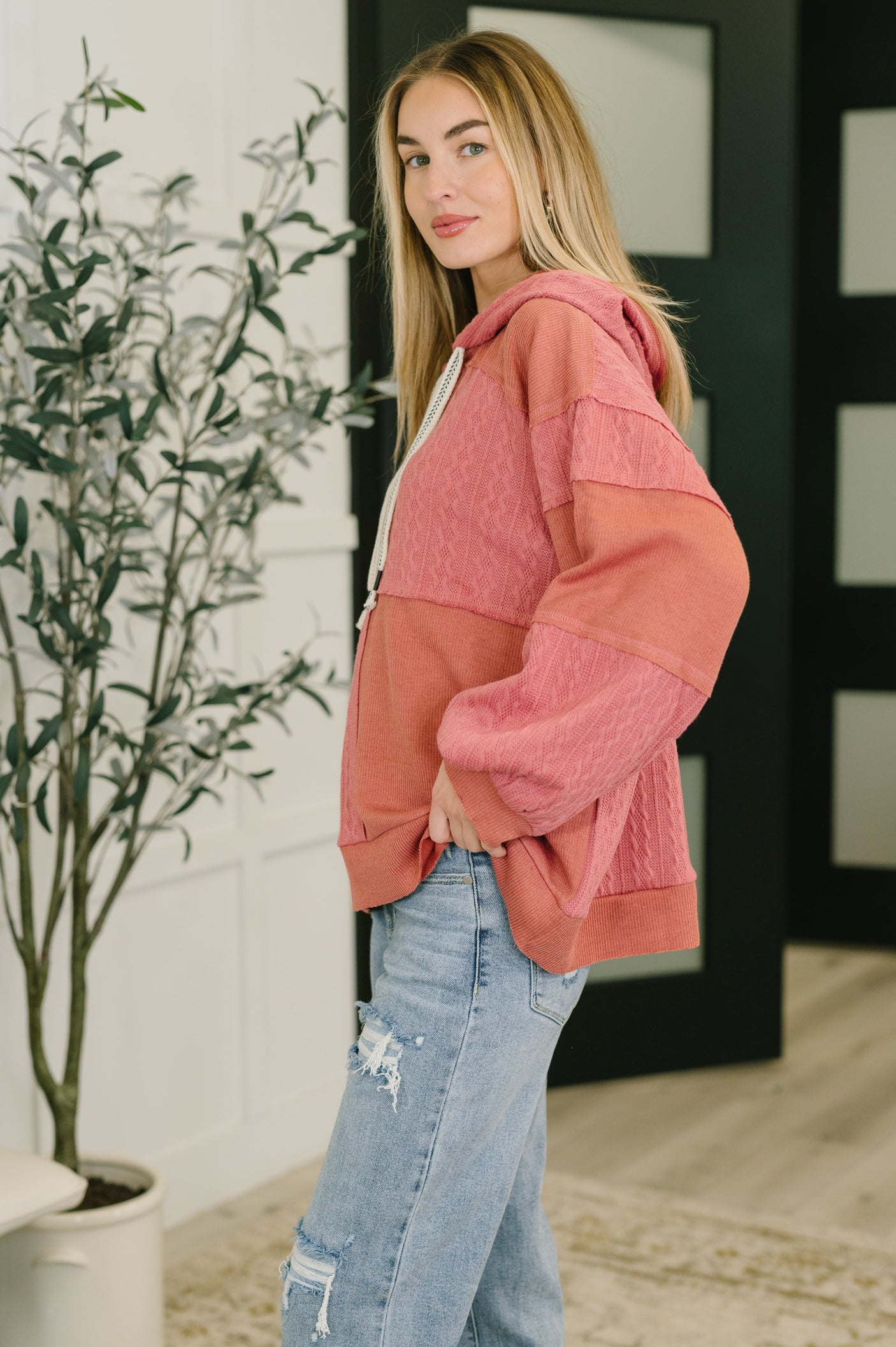 Balloon Sleeve Cut Sew Sweater Knit Top in Mauve