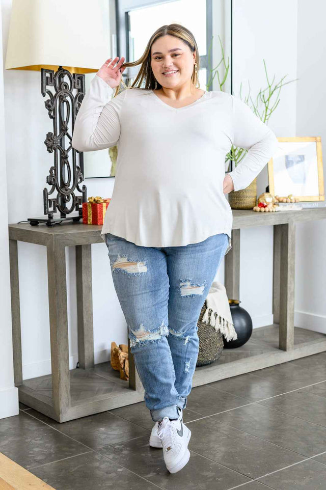 Basics Are Best Long Sleeve V-Neck Top in Bone - Liarian Unlimited Boutique