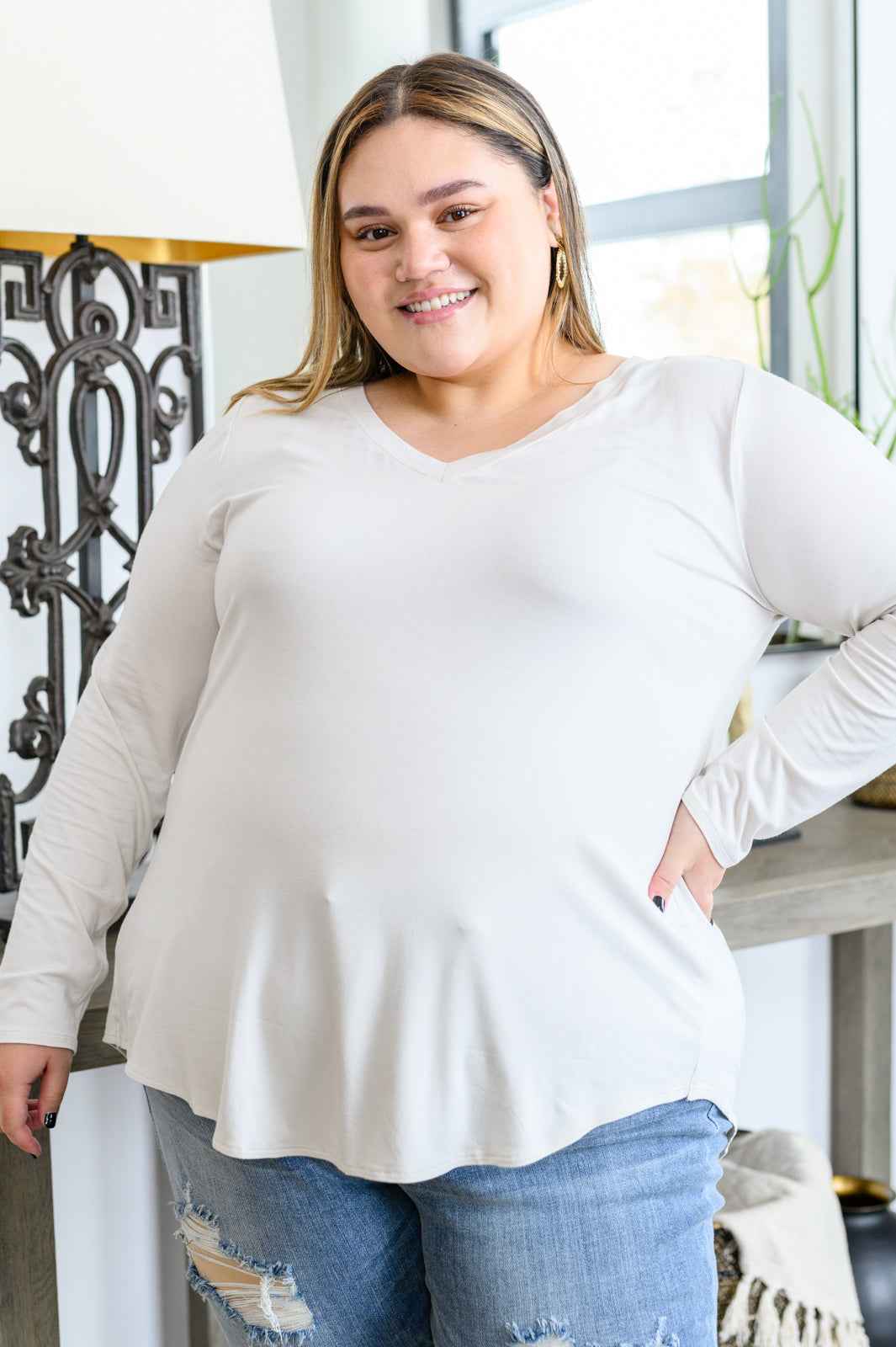 Basics Are Best Long Sleeve V-Neck Top in Bone - Liarian Unlimited Boutique