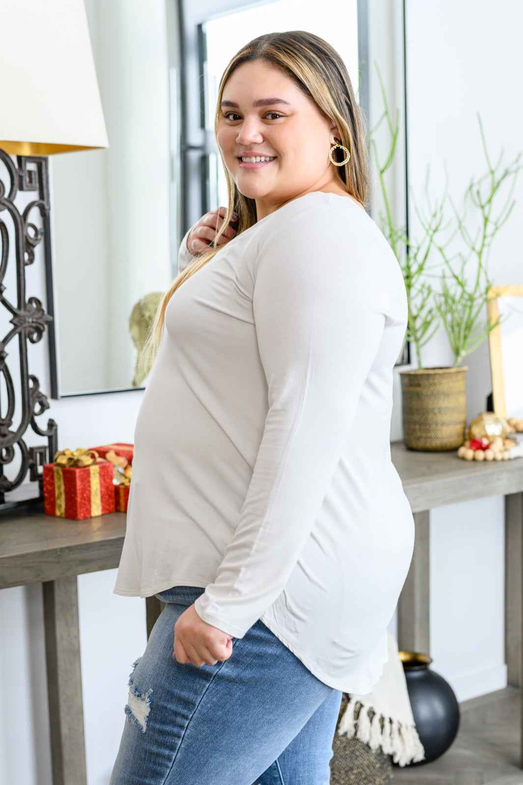 Basics Are Best Long Sleeve V-Neck Top in Bone - Liarian Unlimited Boutique