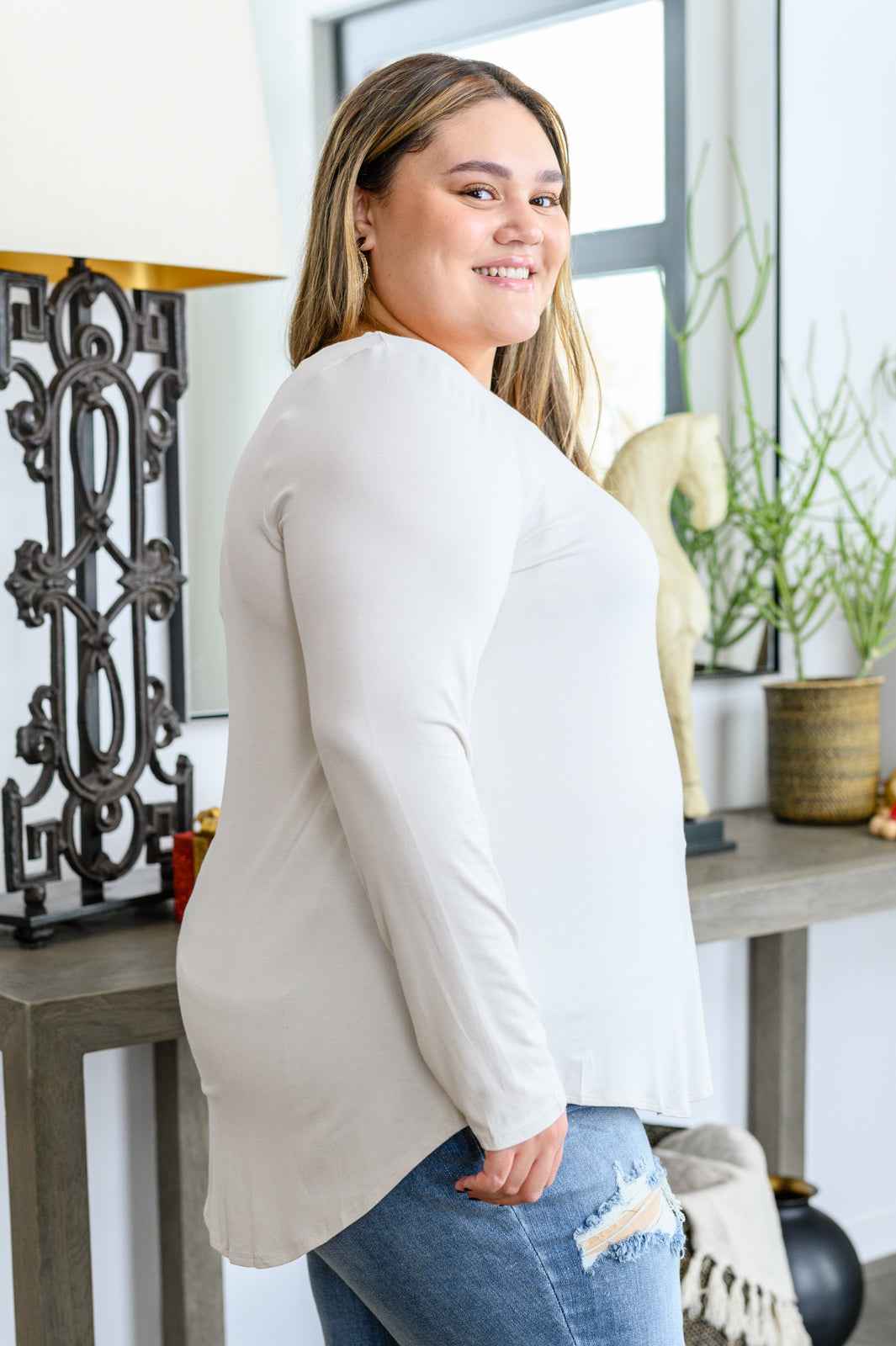 Basics Are Best Long Sleeve V-Neck Top in Bone - Liarian Unlimited Boutique