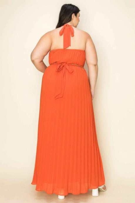 Chiffon Pleated Gold Trim Neck & Belt Cut Out Chest Maxi Dress