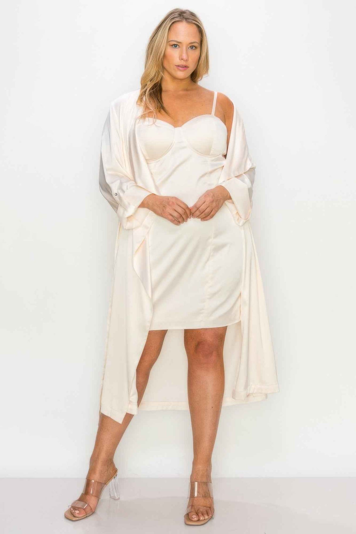 Satin Strap Dress With Self Belt Coat Set