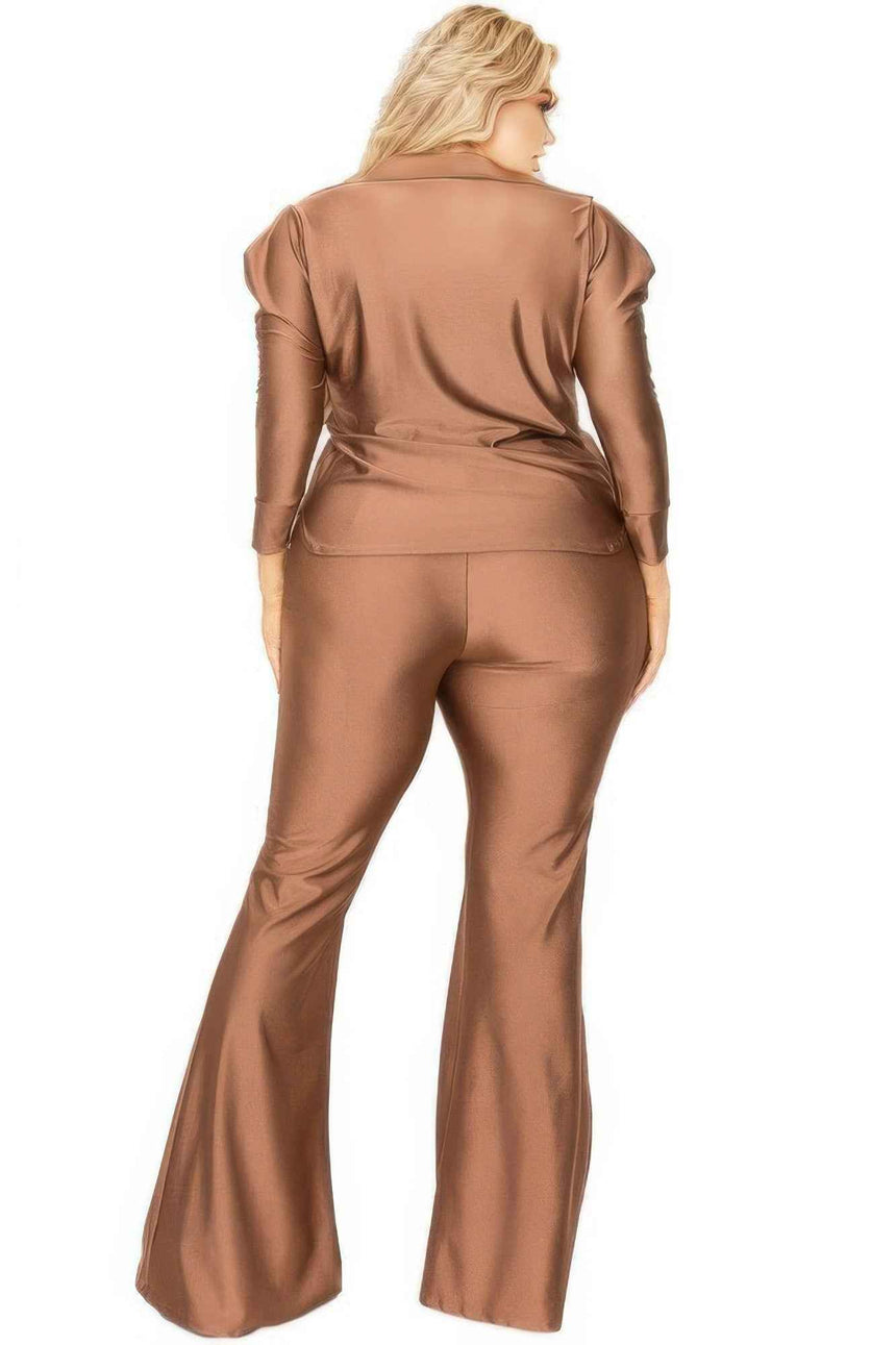 Plus Satin 3/4 Sleeve Wide Leg 2 Piece Set