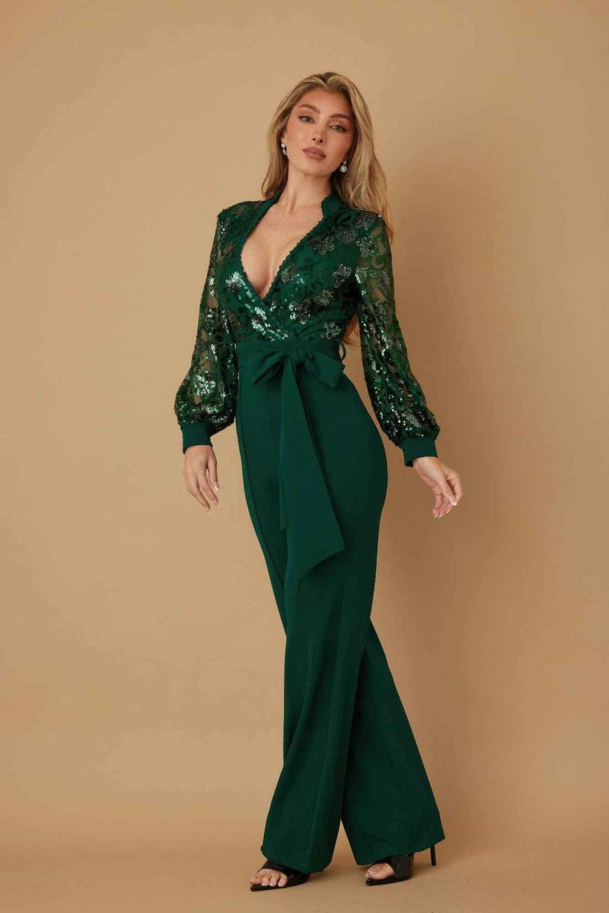 Flower Vein Sequin Print Jumpsuit