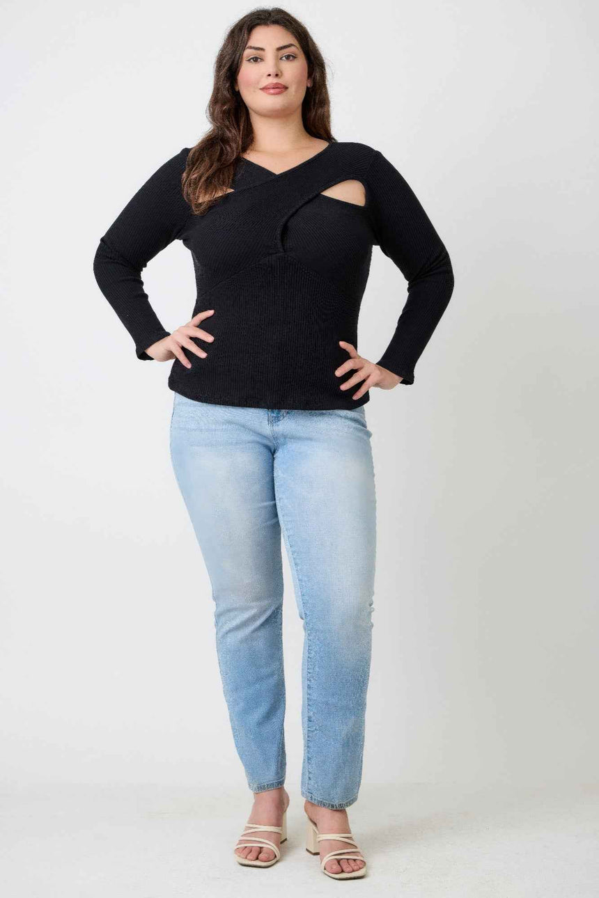 Plus Size Black Ribbed Cutout Long Sleeve Top