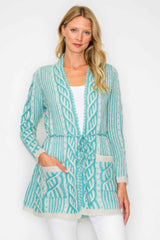 Open Wool Cardigan With Belt String & Front Pocket