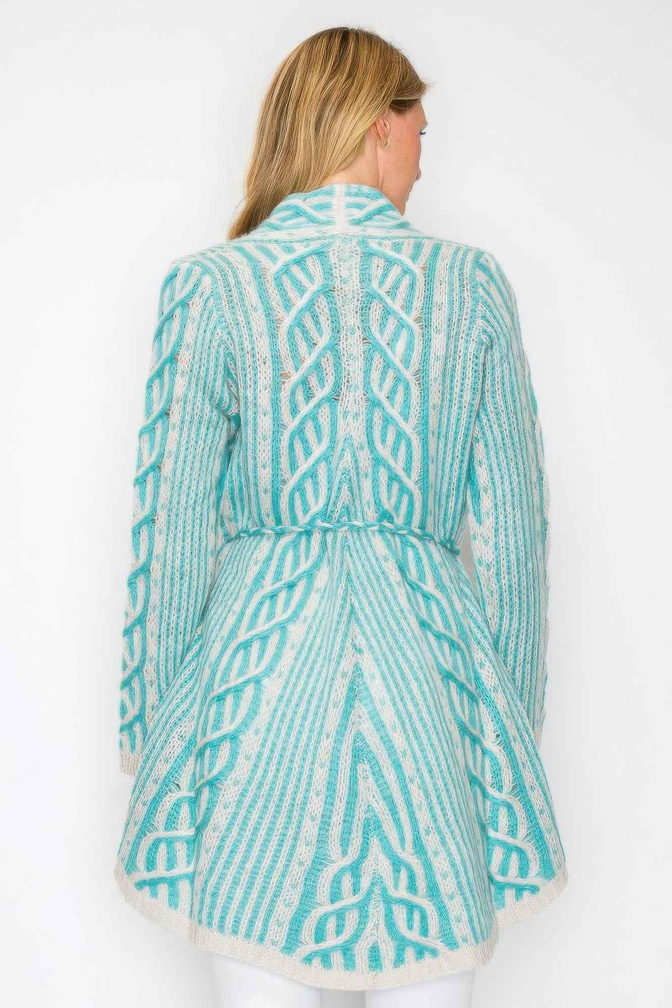 Open Wool Cardigan With Belt String & Front Pocket