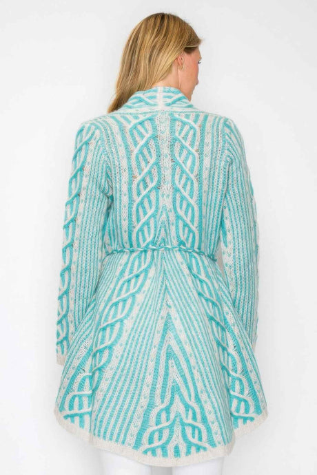 Open Wool Cardigan With Belt String & Front Pocket