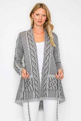 Open Wool Cardigan With Belt String & Front Pocket