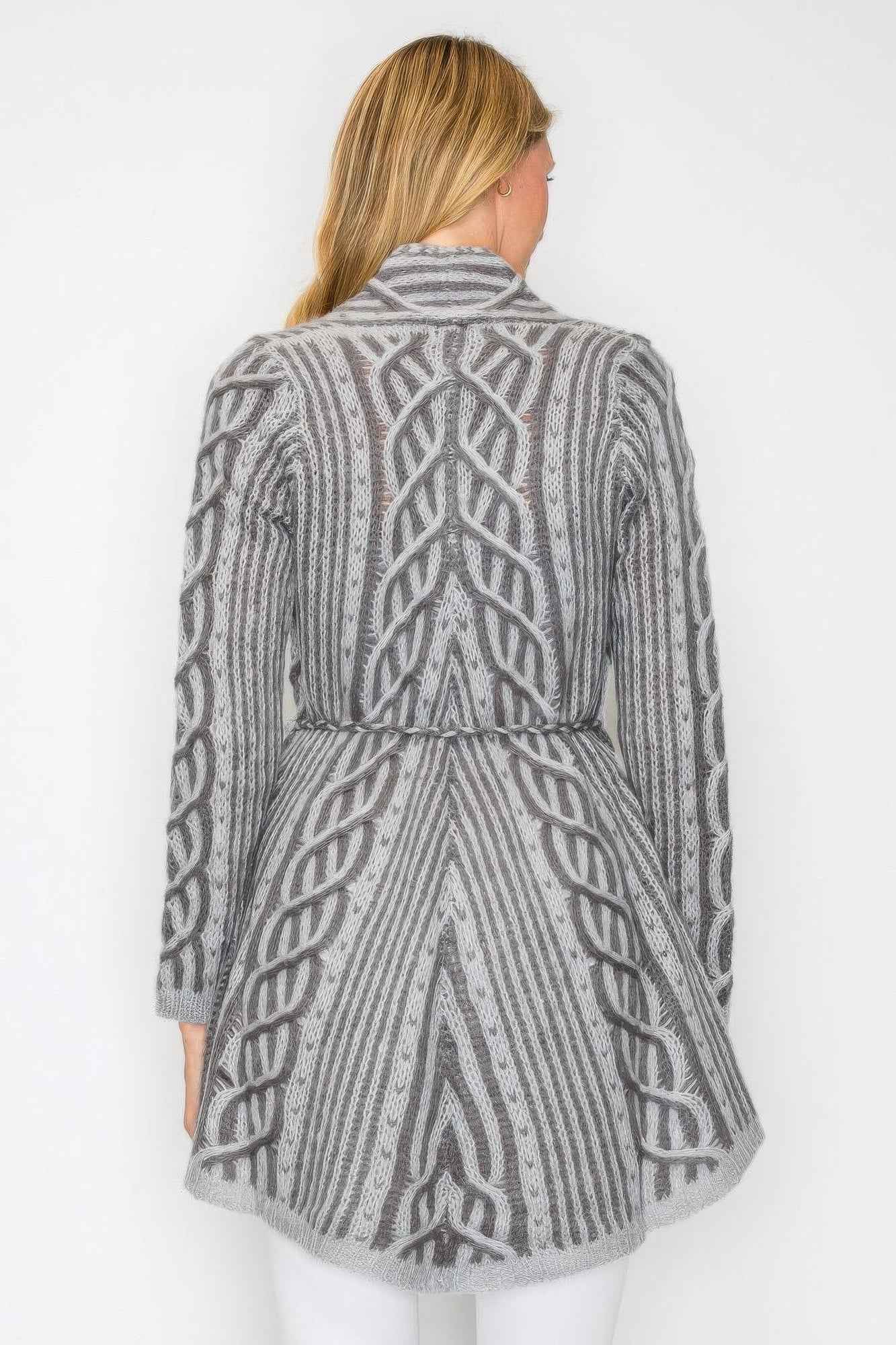 Open Wool Cardigan With Belt String & Front Pocket