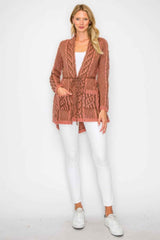 Open Wool Cardigan With Belt String & Front Pocket