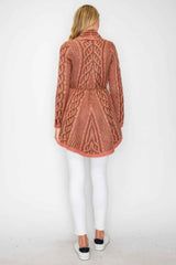 Open Wool Cardigan With Belt String & Front Pocket