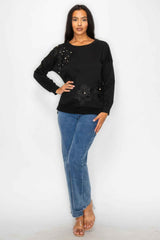 Faux Pearl Beaded Floral Patch Crewneck Sweatshirt