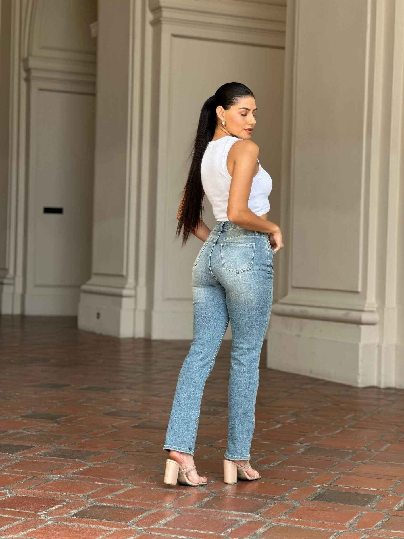 High Rise Cigarette Button Fly Straight Denim Jean