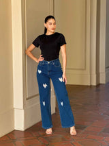 Embroidered Distressed Heart Wide Leg Denim Jean