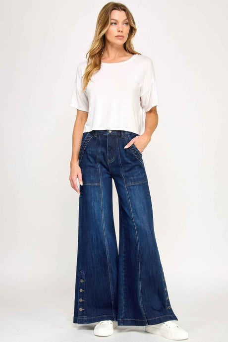High Rise Wide Leg With Button Slit