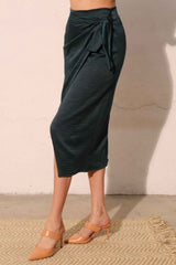 Washed Satin Crepe Side Wrap Midi Skirt