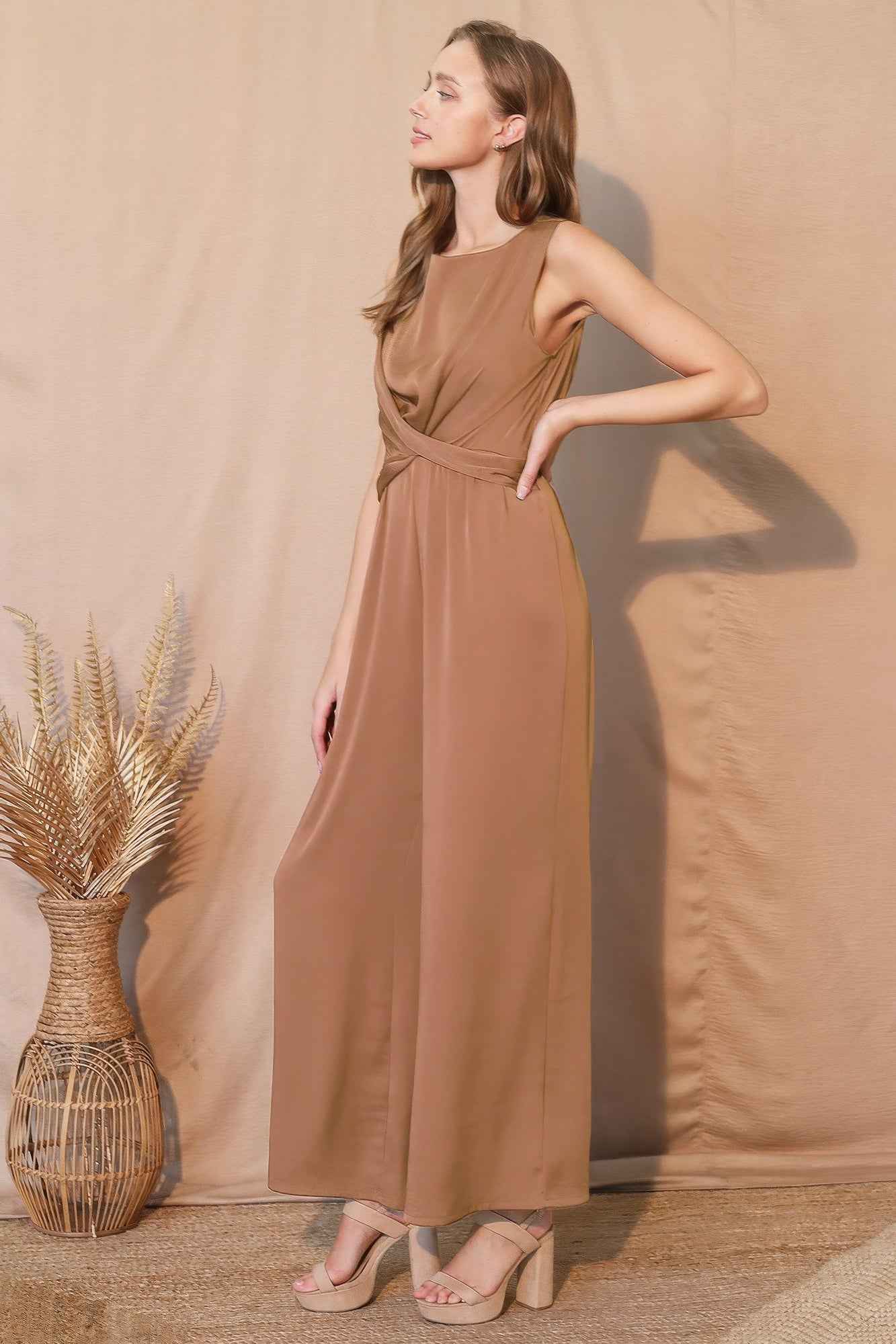 Washed Poly Silk Twist Front Jumpsuit