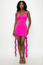 Solid Deep V Neck Mini Dress With Ruffle
