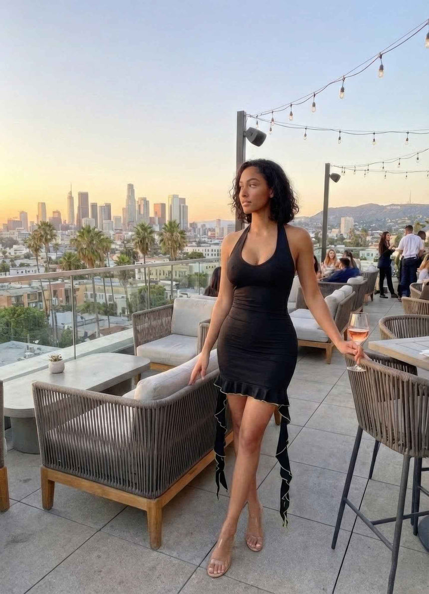 Solid Deep V Neck Mini Dress With Ruffle