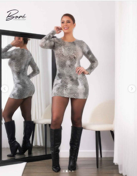 Long Sleeve Body Con Pu Silver Snake Mini